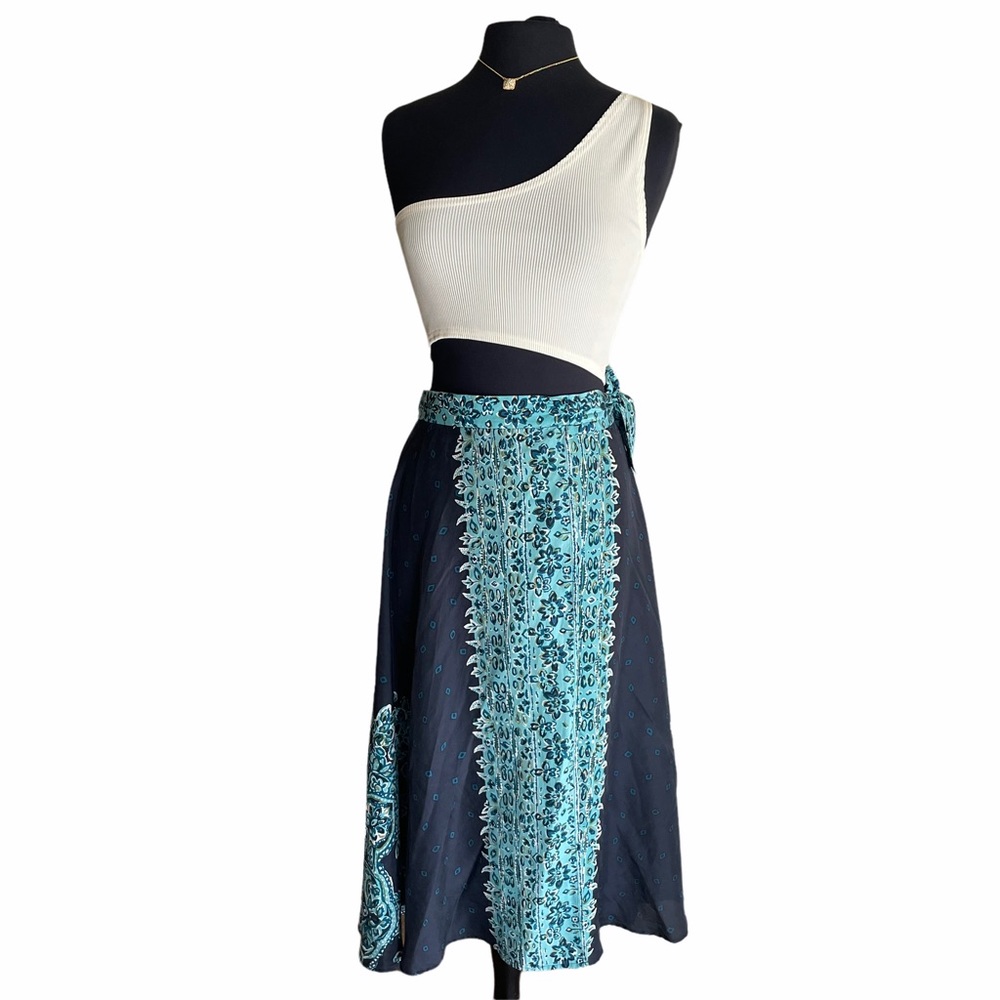 Talbots Pure Silk Midi Blue Floral Paisley Retro Floral Wrap Skirt
